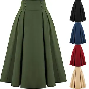 Women Vintage Skirt High Waist Pleated Skirt Midi A-Line Skirt with Pockets
