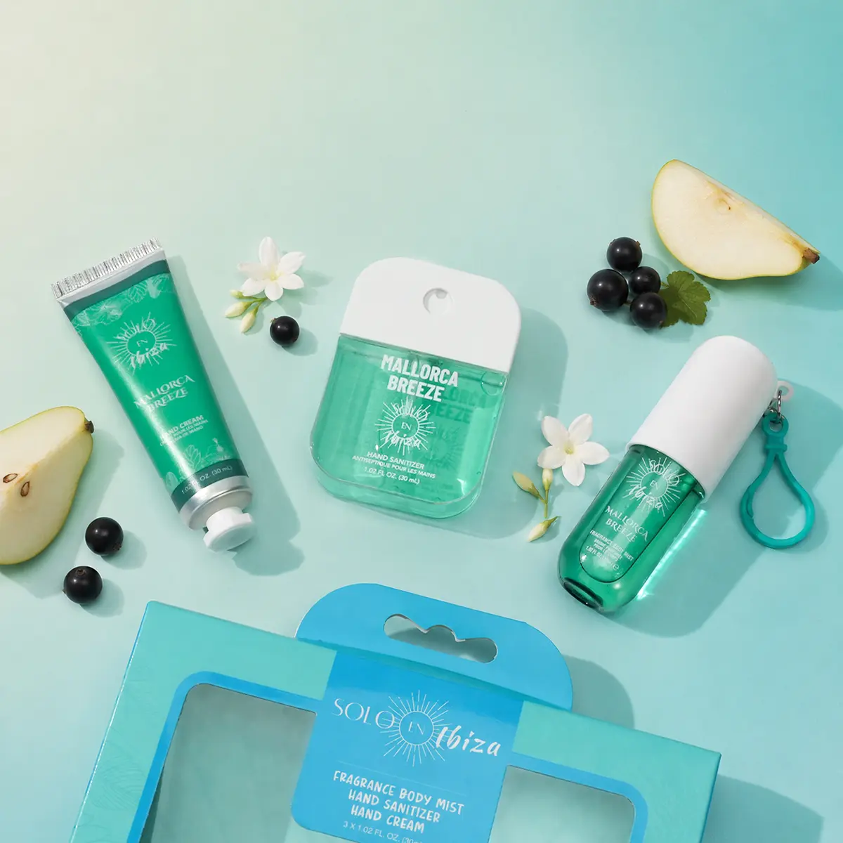 SOLO EN IBIZA 3-Piece Hand & Body Care Mini Gift Set - Mallorca Breeze Scent with Lychee & Vanilla Notes, Travel Size Body Mist, Shea Butter Cream, Anti-Bacterial Sanitizer for Clean Hands, Giftable Set with Orchid, Floral, Fruit, Coconut Aromas