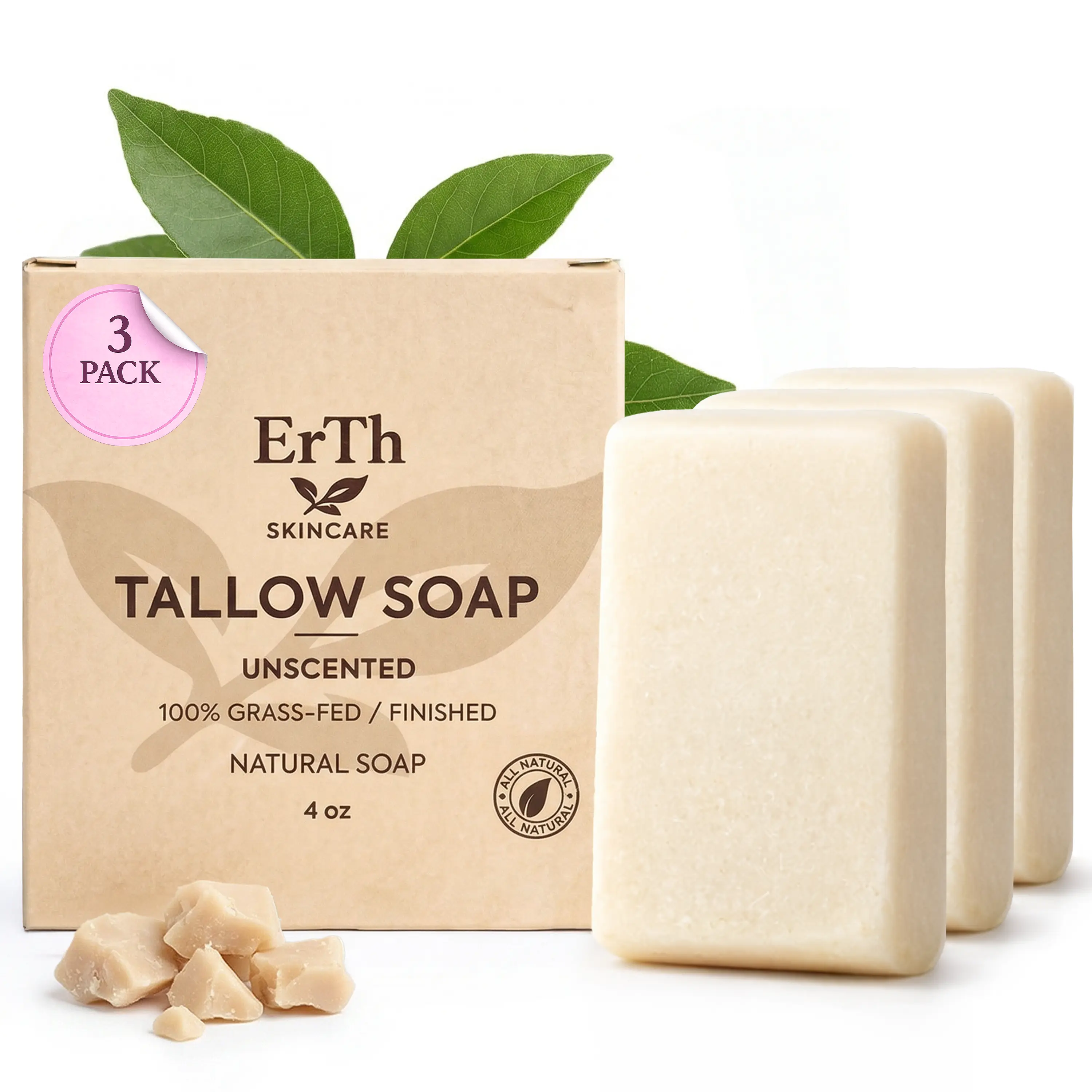 ErTh Skincare Beef Tallow Soap Bar 3-Pack - 100% Grass-Fed/Finished, All-Natural Face & Body Tallow Moisturizer, Sensitive Skin Friendly, 4 oz (Unscented, Lavender, Honey & Oats)