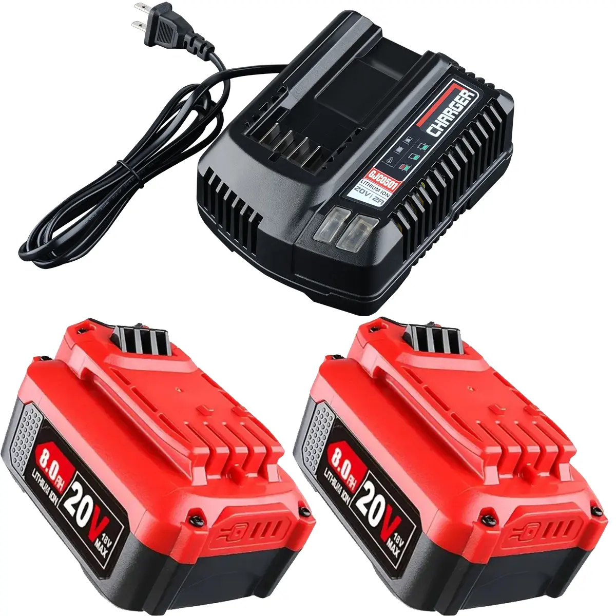 1/2-Pack 20V V20 Lithium Rechargeable Power Tool Batteries & 1* CMCB104 Charger Set, 8.0Ah High-Capacity Replacement for Craftsman V20 Series CMCB202, CMCB204, CMCB206 with 1.5A 30W Charging, Power Tool Battery, Lithium Rechargeable Battery