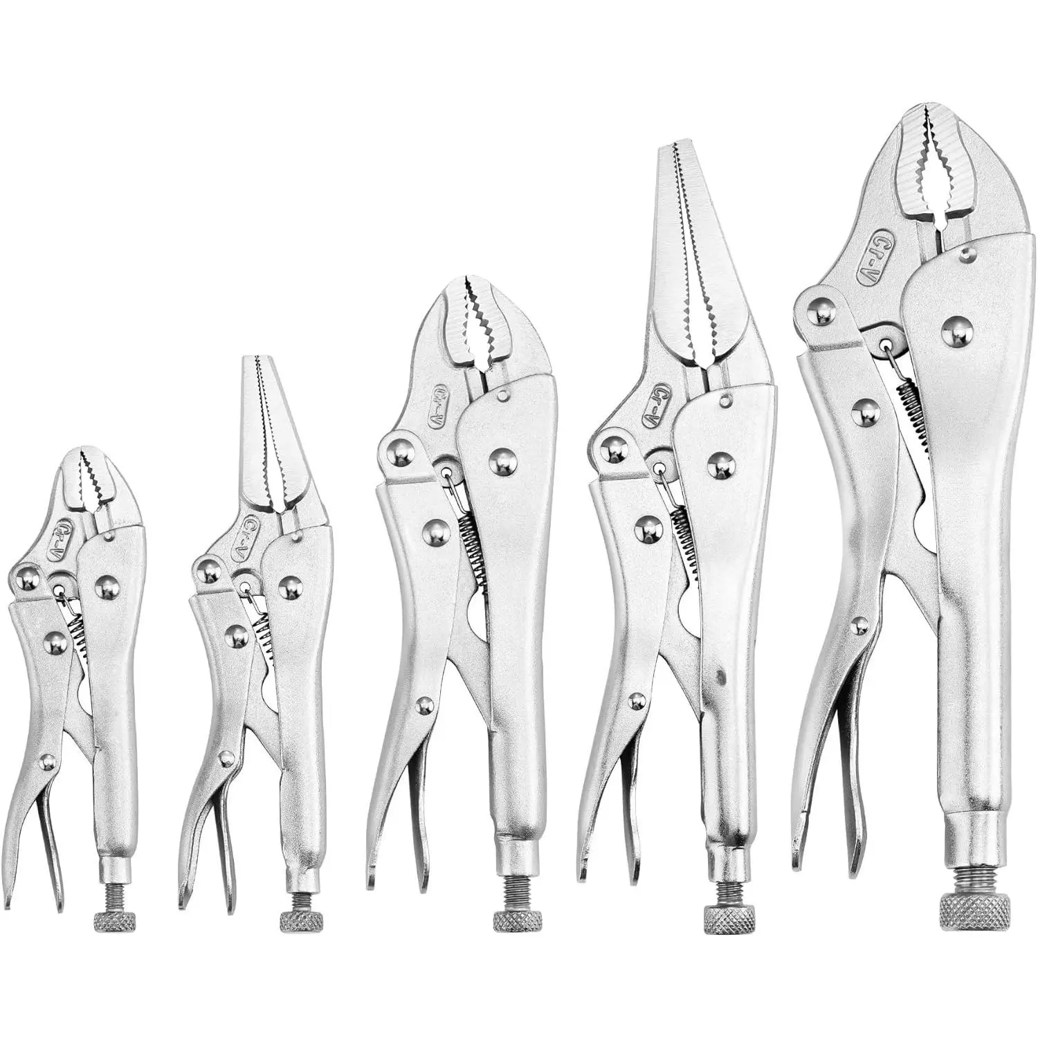 5-Piece Chrome-Vanadium Steel Locking Pliers Set for Plumbing, Automotive & General-Purpose Tasks - Curved Jaw & Long Nose Styles in 5/7/10in & 6.5/9in Sizes with Powerful Hold & Precision Grip