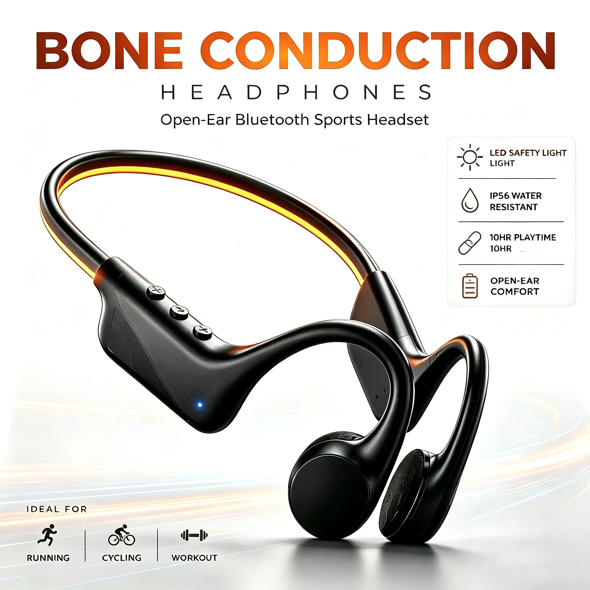 Bone Conduction Open-Ear Bluetooth Sports Headphones with LED Safety Light, Mic, IP56 Water Resistant, 10-Hour Playtime, Dual Device Connection, Electronic Audios Wearable Tech for Night Running, Gym Workouts, Deep Bass + Calls, Led Glow Ring