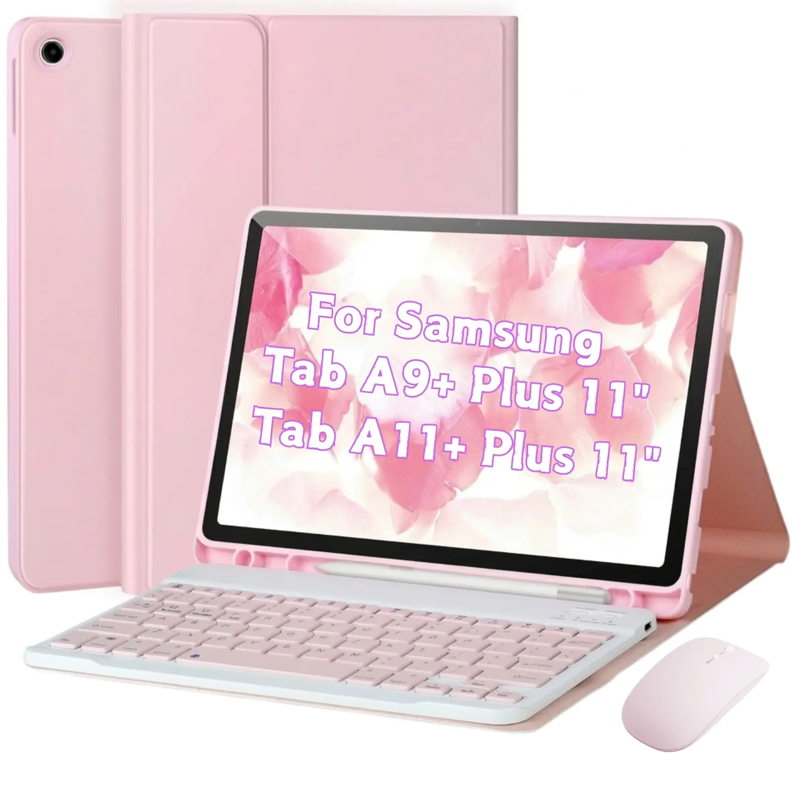 Bluetooth Wireless Tablet Keyboard Case Bundle with Mouse, Stylus Holder for Samsung Galaxy Tab A9+/Plus 11in 2023 (SM-X210/X216/X218) - Pink, Comfortable Typing, Smart BT Tablet Accessories