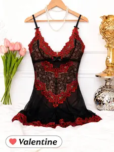 RSLOVE Valentine's Day Ultra-Soft Contrast Lace Lingerie Set - Stretchy High-Waist Babydoll with Scalloped Details - Vibrant Colors for Every Mood - Floral Fitted Loungewear Womenswear