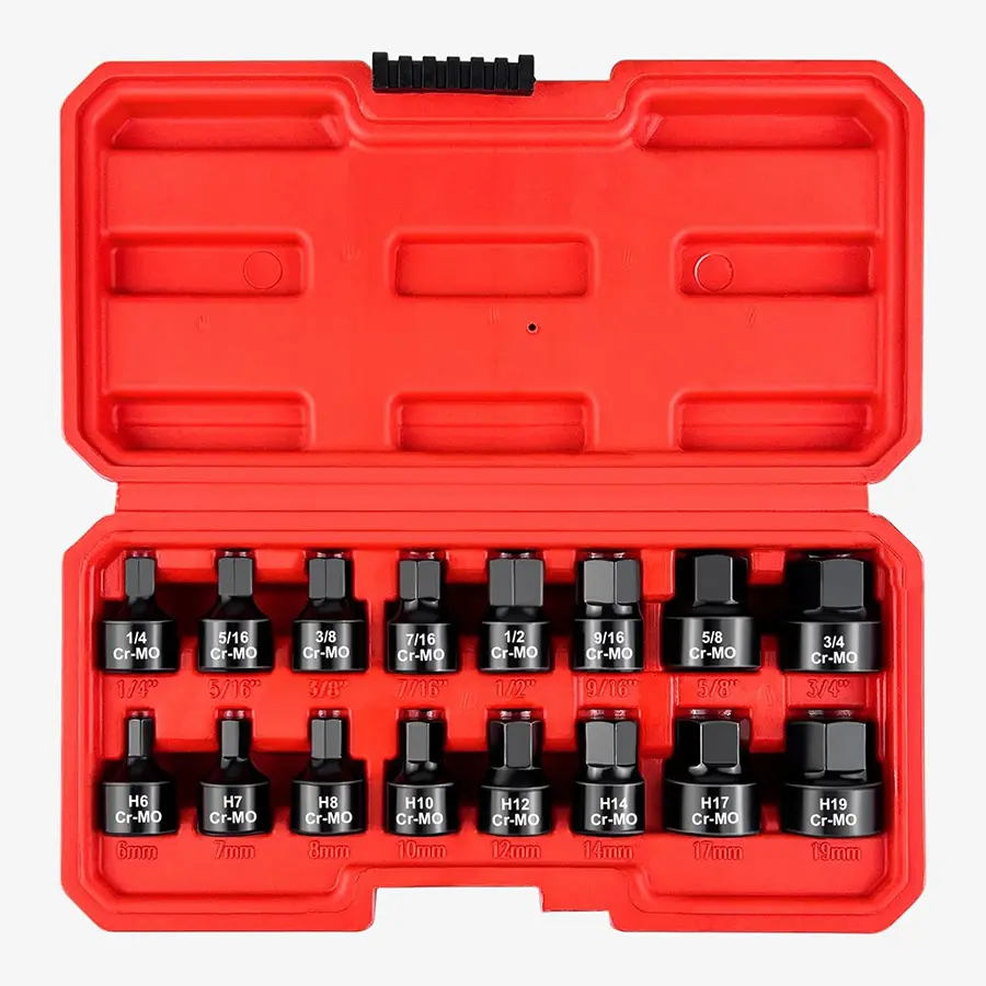 3/8-Inch Drive Low Profile Impact Hex Driver Set, 16-Piece Stubby Hex Bit Socket Set, Cr-Mo Steel, SAE/Metric, (1/4" - 3/4", 6-19mm)