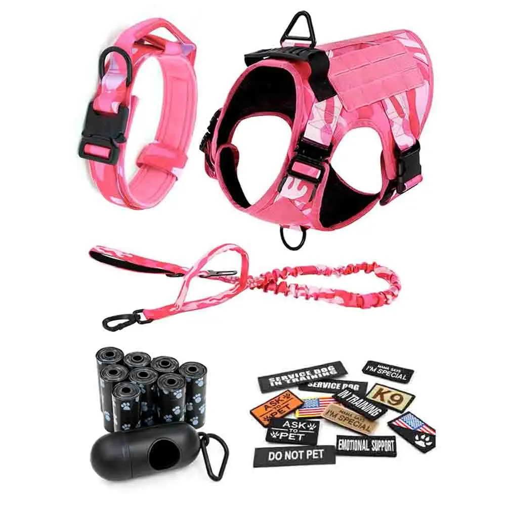 Dog Harness and Poop Bags Set, Dog Leash Dog Collar Tactical Dog Harness with 12 patches—Suitable for Medium to Large Dogs, Includes Poop Bags and Storage Case Outdoor Dog Accessories