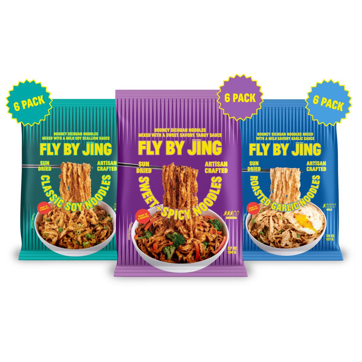 Fly By Jing Instant Noodles Variety Pack 18 Pack – 3 Flavors: Sweet + Spicy, Classic Soy & Roasted Garlic – Savory, Mild to Spicy, Vegan & Non-GMO