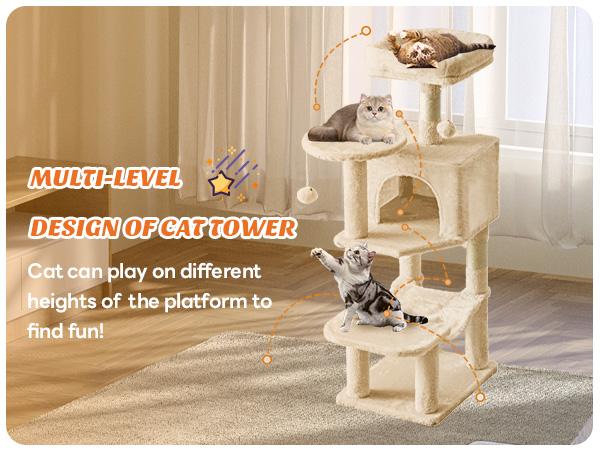 Cat Tree Tower, Multi-Cat Climbing Tower with Condo, Natural Sisal Scratching Posts, Extended Platform, Hammock, Pet House for Indoor Cats and Kittens Play