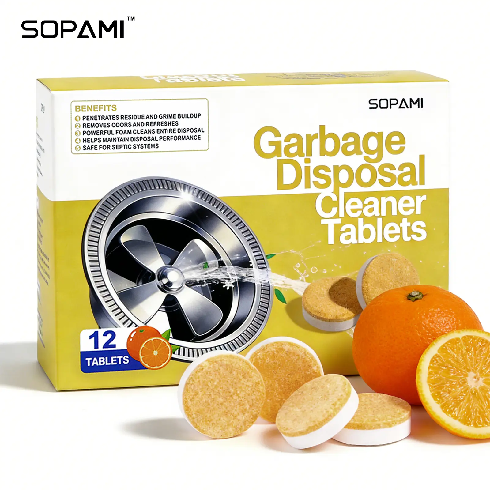SOPAMI Garbage Disposal Cleaner Tablets 12 pieces Foaming cleaning tabs for household kitchen garbage disposals It cleans visible food residue and dirt inside the device helps ease bad smells suitable for regular home cleaning