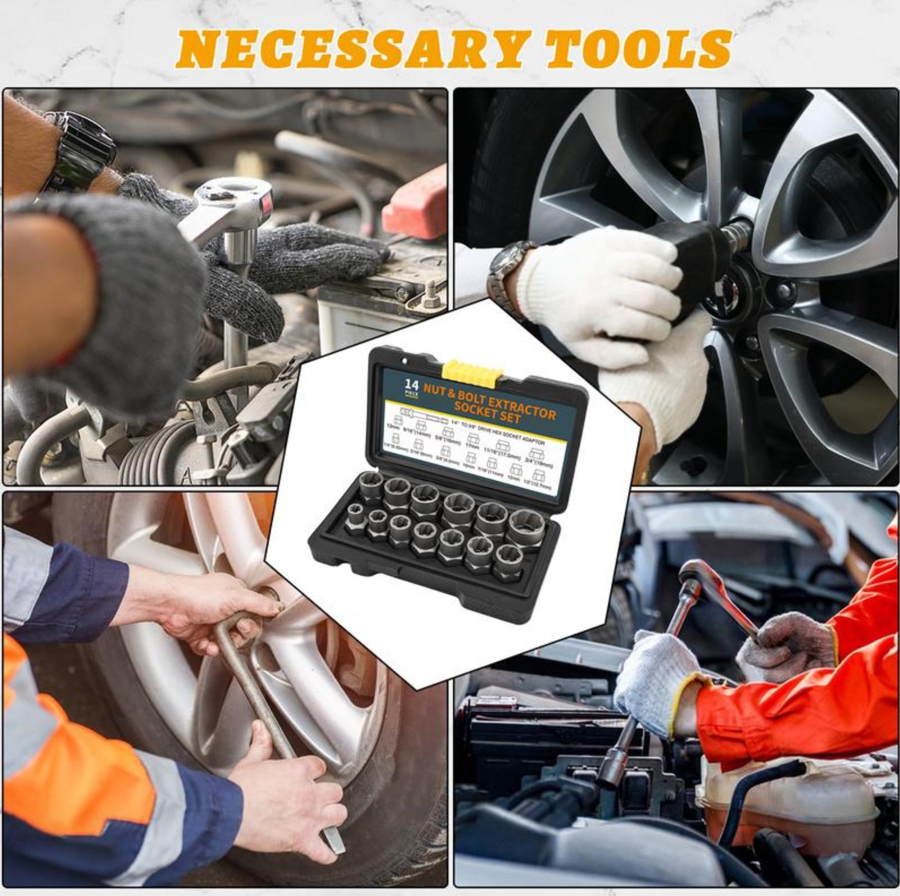 【TikTokShopBlackFriday 】 Bolt Extractor Tool Set, 13+1 Counts Impact & Nut Remover Stripped Lug Remover, Drive Rounded Bolt Remover for Removing Damaged, Frozen Universal Impact impact bolt