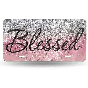 Christian Religious Blessed Pink Glitter Bling Blessed Front License Plate Aluminum Decorative License Plates Funny Metal Car Plate 6"X12" Novelty Vanity Tag Cover with 4 Holes Car Decor Accessory