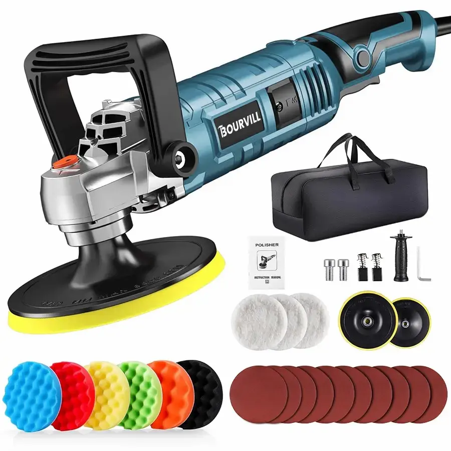 Bourvill 1600W 7-in Rotary Buffer Polisher - High Speed Polishers, Power Tools, 7 Variable Speeds (500-3300 RPM), Detachable Handle, Flexible, Car & Boat Car Sanding/Waxing Automotive Hand Tool, 3-Year Warranty