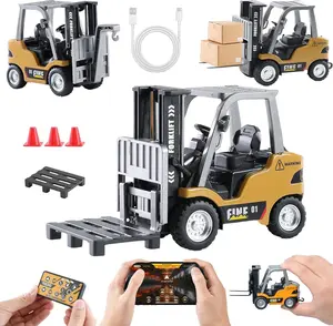 Remote Control RC Forklift Cranes,1/64 Mini Rechargeable Forklift Truck,2 in 1 Transform Lift Fork & Hook, w/Boxes/Sound and Light, Forklift Toy RC Construction Vehicles Toy Gift for Kids