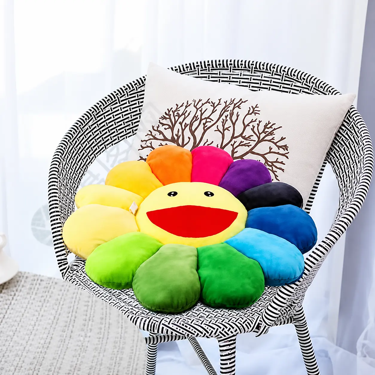 MIUVA Rainbow Pillow SmileFace Sunflower Decor Flower Plush Pillow 16.5in Soft Comfy Double-Sided Mat for Bedroom Living Room Study Decoration Pastel Decorating