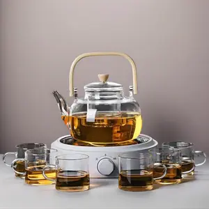 1000ML Glass Flower Teapot High Borosilicate Heat-Resistant Large Capacity with Filter Bamboo Handle Square Lift Handle for Household Boiling Water Tea Pot kitchen appliance Glass Teapot