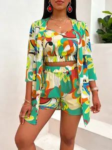 BOLD & TRENDY! 3 Piece Abstract Print Set Cami Top Shorts & Cardigan Plus Size Vacation Outfit Lightweight Matching Set for Daily & Vacation Wear