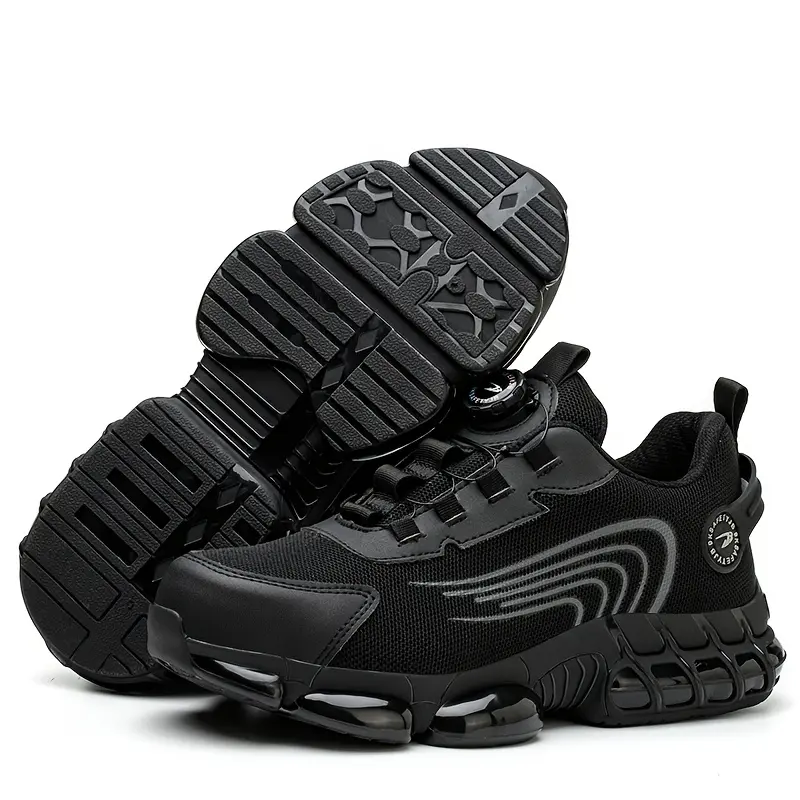 Men Steel Toe Safety Shoes Rotary Knob Puncture Resistant Airy Mesh Upper Comfy Work Snkrs All Day Wear Black Durable Pu Sole 2026, Minimalist, Flexible, Low Top, Multi Purpose, Light Chic Style Shoes Basic Comfort