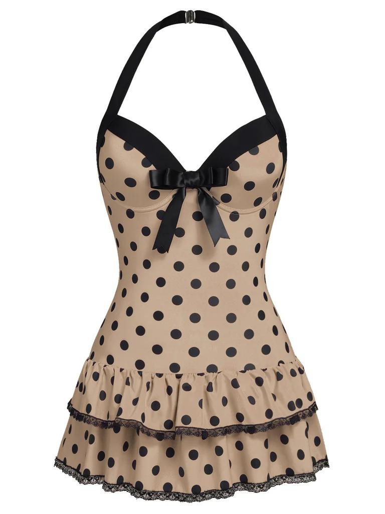 Black 1940s Halter Polka Dots Bow One-Piece Swimsuit