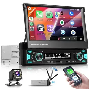 podofo 7 Inch Single DIN Flip Out Car Stereo Head Unit, Multimedia Car Audio with Wireless CarPlay, Android Auto, IPS Touchscreen, Bluetooth 5.0, Backup Camera, SWC, FM/AM Radio, Type-C Fast Charging | Universal Fit