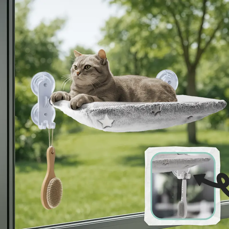 Star Geometric Folding Window Hammock for Cats - Glow-in-the-Dark, Cordless, Machine Washable, Sturdy Metal Frame, Strong Suction Cups, Plastic, 23.3"l x 11.4"w x 7.1"h, 44lb Capacity Modern Sunbathing Perch for Small Dogs