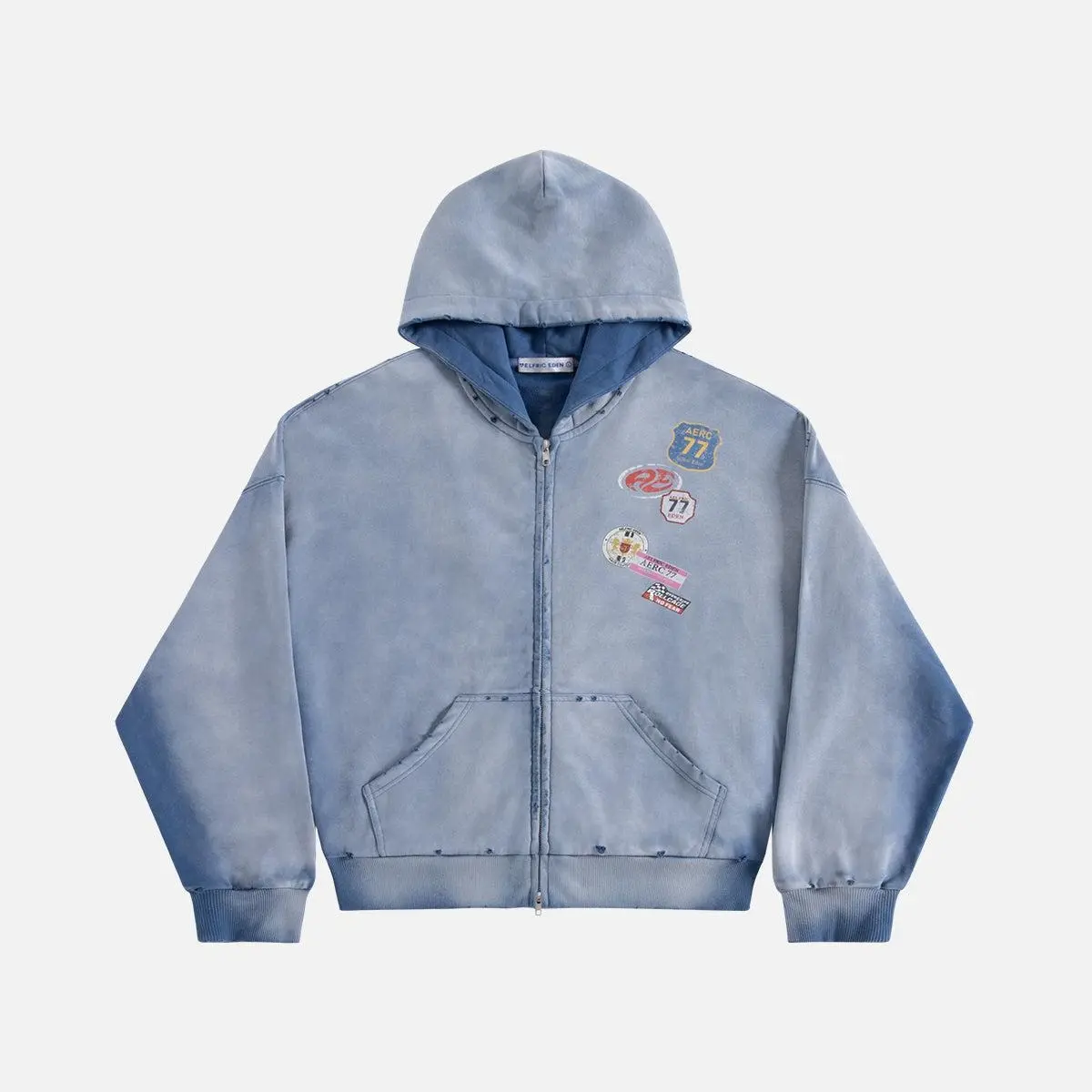 AELFRIC EDEN Vintage Badge Graphic Zip-Up Hoodie for Men, Oversized Boxy Streetwear Top in Tie-Dye Washed Cotton, Print, Zip Up Hoodies, Graphic Hoodie