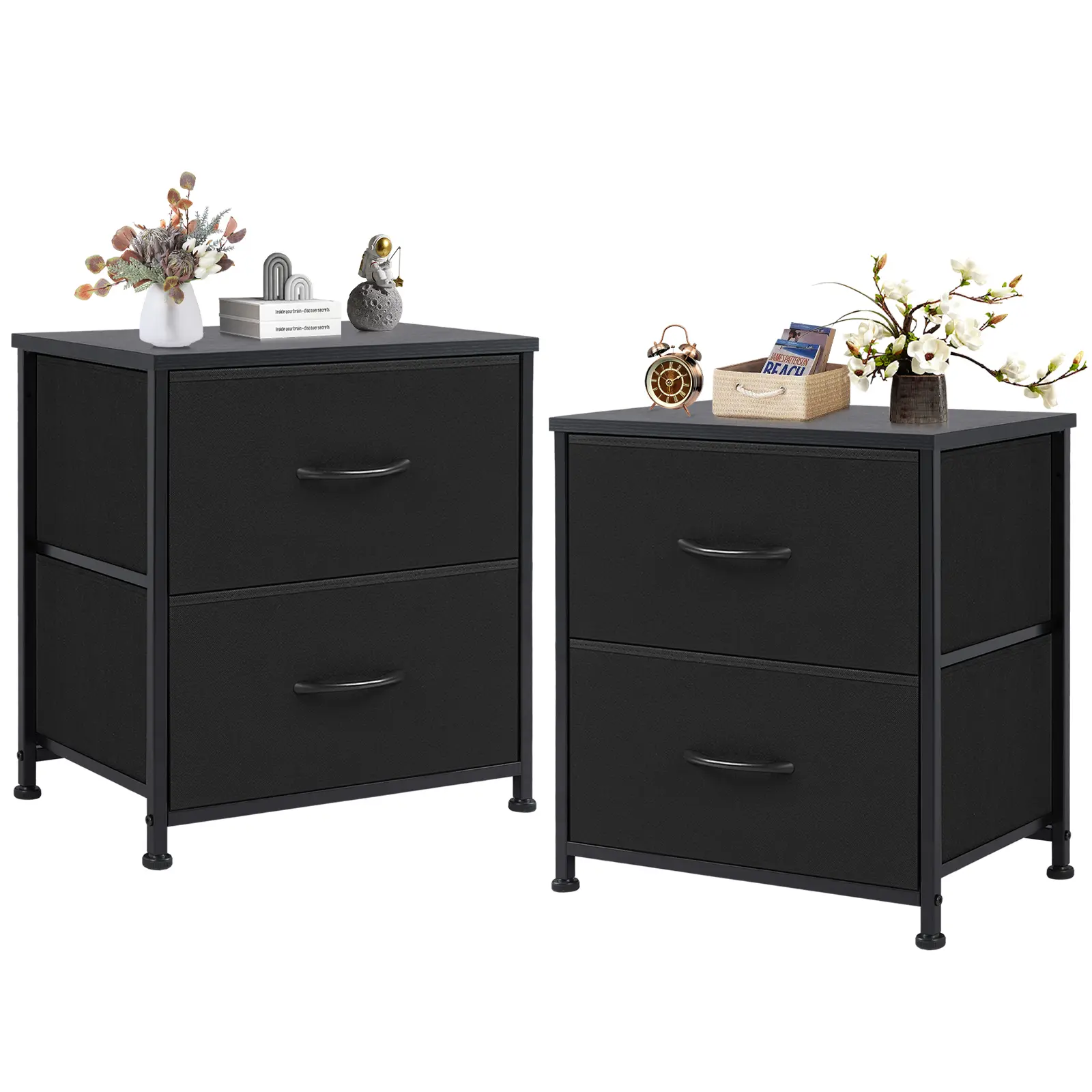 Sweetcrispy Black 2-Drawer Nightstand - Furniture Tables 2-Drawer Bedside Storage Chest, Multifunctional Dresser with Fabric Bins, Steel Frame for Bedroom Decor, Storage Organization