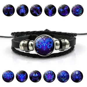 September Laurel Zodiac Signs Spirit Bracelet - Adjustable 12 Constellation Black Leather Wrap Bracelet for Women Men with Positive Energy Glow-in-the-Dark Design Valentine’s Day gift.