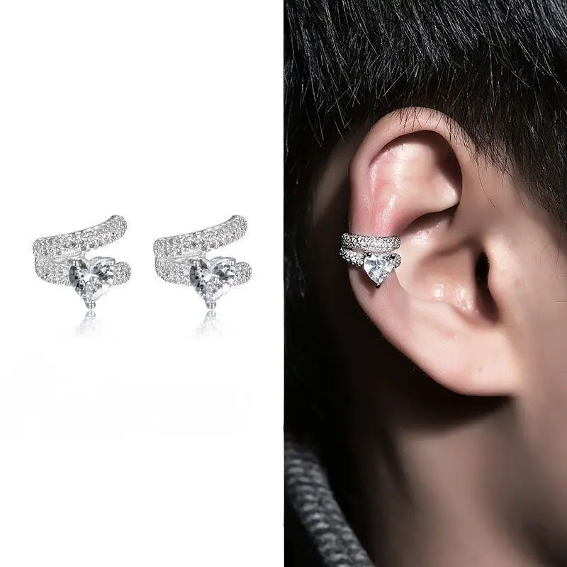 Elegant Heart-Shaped Clip Earrings with Zirconia, Fully Encrusted Unisex Jewelry for Men & Women, Fashionable Valentine's Day Gift, Fashionable Jewelry Accessories, Men's Earrings
