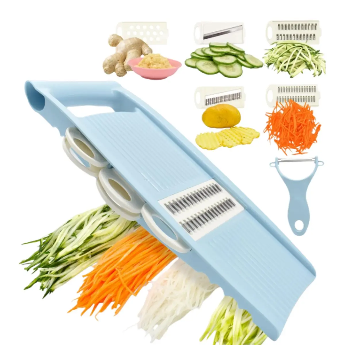 5-in-1 Handheld Fruit Vegetable Slicer Set - Kitchen Utensils, Straight Grater, Vegetable Cutting Slicer, Julienne Shredder, Peeler for Small Kitchen Tasks (Blue)