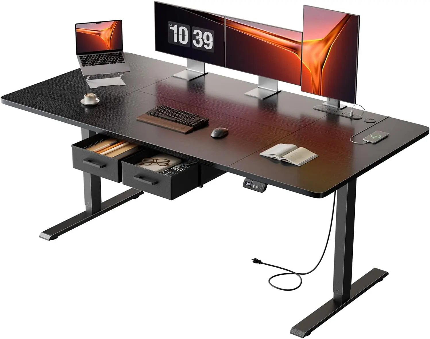 Ecofurnix Ergonomic Rising Desk - 63x31.5in Height-Adjustable Electric Standing Desk with Outlets, Drawers, Easy Installation, Home Office Furniture for Neck Stiffness Prevention, Desktop Tidiness Enhancement, Ergonomic Rising Desks