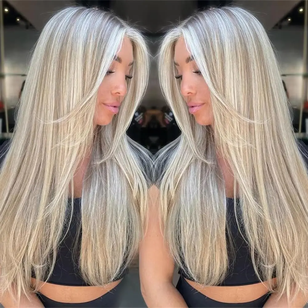 MSCICI Balayage Lace Front Wig, 100% Virgin Human Hair in Platinum Ash Blonde with Dark Roots, Smooth Straight 13x4 UHD Pre-Plucked Lace for Women, Graduations, Glueless Human Hair, Salon Coloring, Silky And Straight Texture, Handmade Coloring, Human Hair