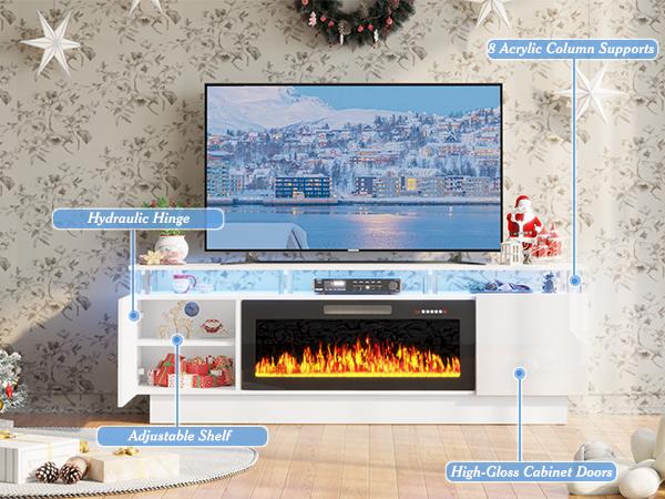 PUKAMI 70" Modern Fireplace TV Stand with 36" Electric Fireplace for TVs Up to 80 inch, Luxury LED Light Entertainment Center with High Gloss Cabinet (White, 70" (8 Acrylic Posts))