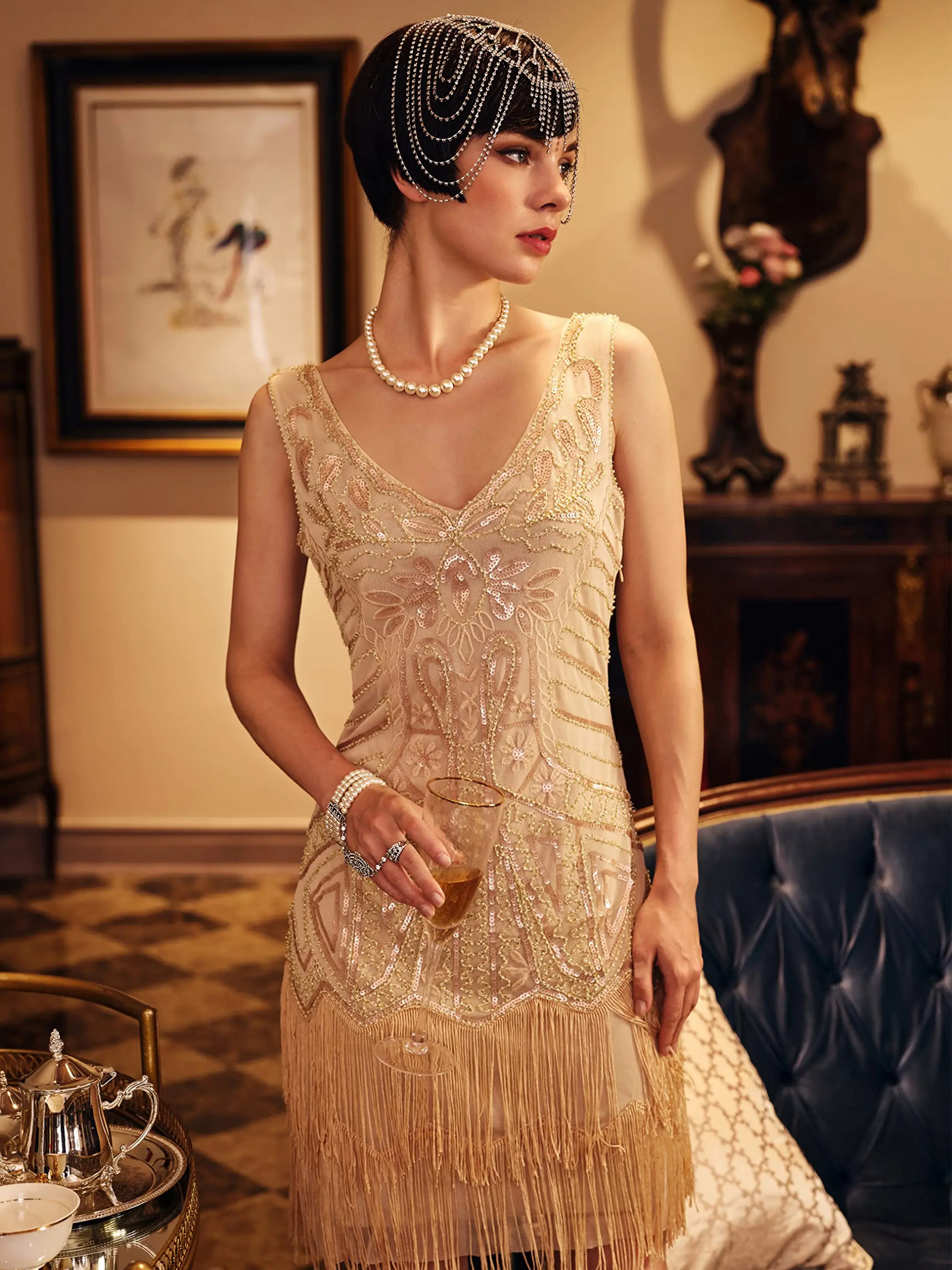 BABEYOND Women's Flapper Dresses 1920s V Neck Beaded Fringed Great Gatsby Dress party maxi Formal Womenswear