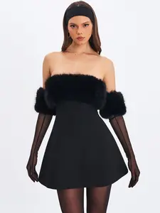 Evelyn Black Fur-Trimmed Mini A-Line Dress