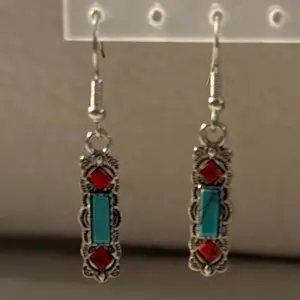 Turquoise and Red Stone Earrings with Intricate Silver Filigree Design for Women's Fashion