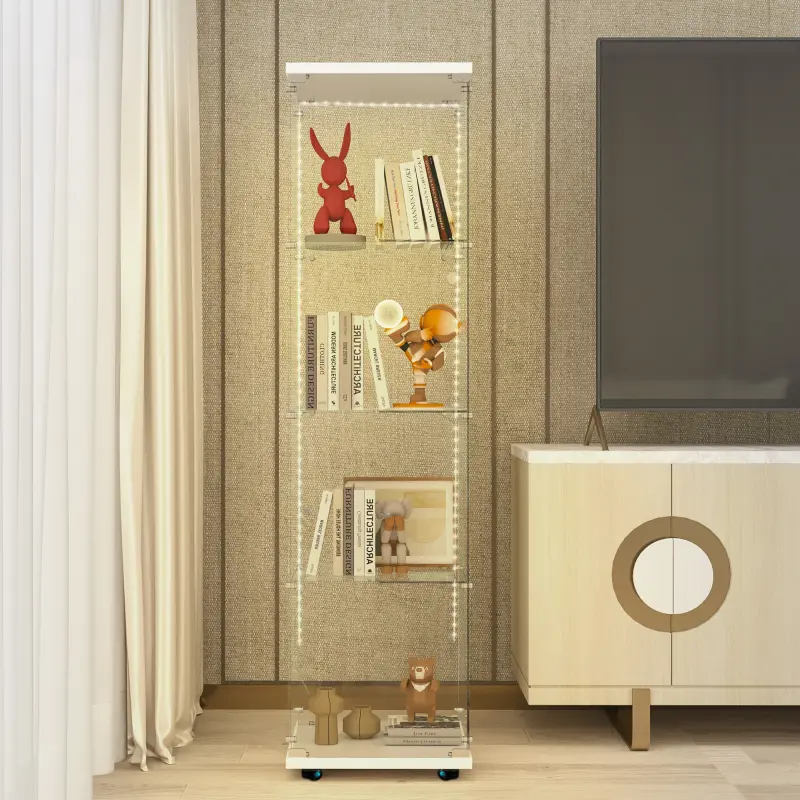 Bellemave Tempered Glass Display Cabinet with Bluetooth LED Light Strip Lockable Door on Casters for Living Room Bedroom Hallway Office White