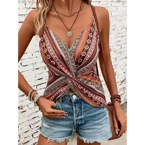 Women’s Boho V-Neck Sleeveless Tank Top – Mandala Print, Stretch Knit Fabric, Spaghetti Straps, Casual Wear for Spring Summer Autumn