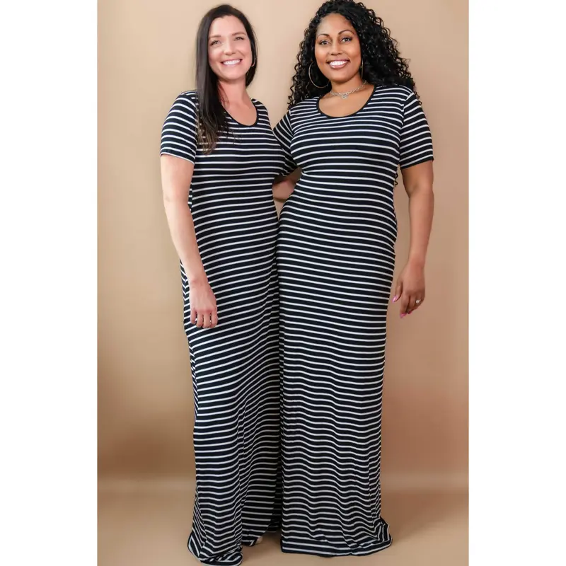 knee length dresses for ladies Tall Striped T-Shirt Maxi Dress L / Extra Tall / Black/White