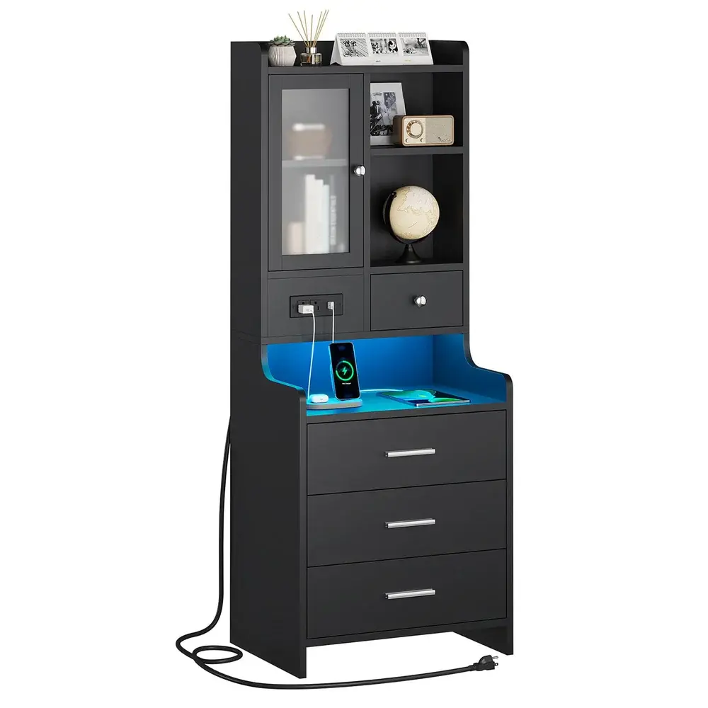 Sikaic Tall LED Nightstand with Charging Station - Black Bedroom Bedside Table with Drawers, Glass Door, Bookshelf Storage, Nightstand with Lights,dorm essentials,home decor