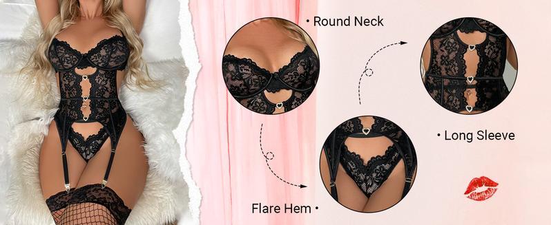Women's Floral Lace Mesh Lingerie Set Teddy Babydoll Bodysuit with Garter Belts Valentine's Day Christmas Gift Minimalist Nightgown Sleepwear Women's Floral Lace Mesh Lingerie Set Teddy Babydoll Bodysuit with Garter Belts Valentine's Day Christmas Gift Minimalist Nightgown Sleepwear