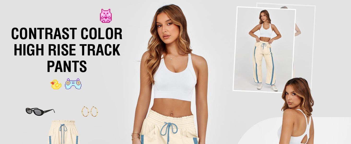 Imily Bela Women's Baggy Wide Leg Pants Casual Drawstring Elastic Waisted Contrast Color Workout Y2K Track Pants for All Seasons - Wideleg Imily Bela Women's Baggy Wide Leg Pants Casual Drawstring Elastic Waisted Contrast Color Workout Y2K Track Pants for All Seasons - Wideleg