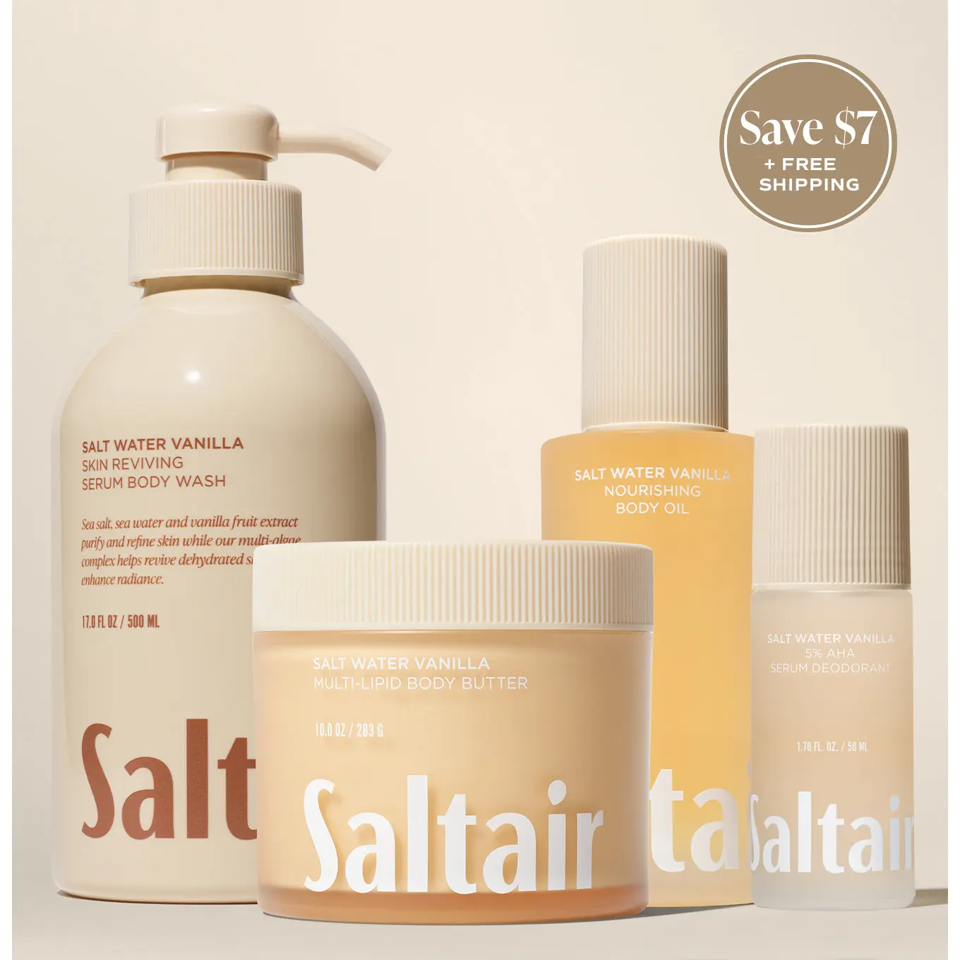 Saltair Salt Water Vanilla Bodycare Vault Set - Serum Body Wash (17 fl oz), Serum Deodorant (1.7 fl oz), Nourishing Body Oil (4 fl oz) & Multi-Lipid Body Butter (10 oz) Bundle for Soft, Glowing Skin - Vanilla, Sea Salt, Creamy Sandalwood