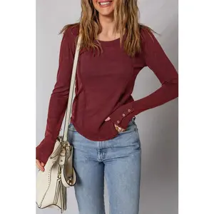 Solid Ribbed Knit Buttoned Long Sleeve Top