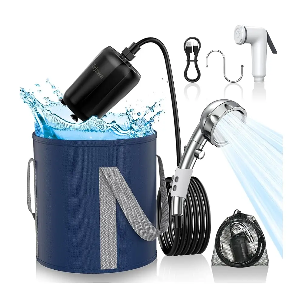 Portable Camping Shower System - 2600mAh Rechargeable Pump, Filter Shower Head, 5gal Collapsible Water Bucket, Outdoor Gear for Camping, Hiking, Pet Bathing