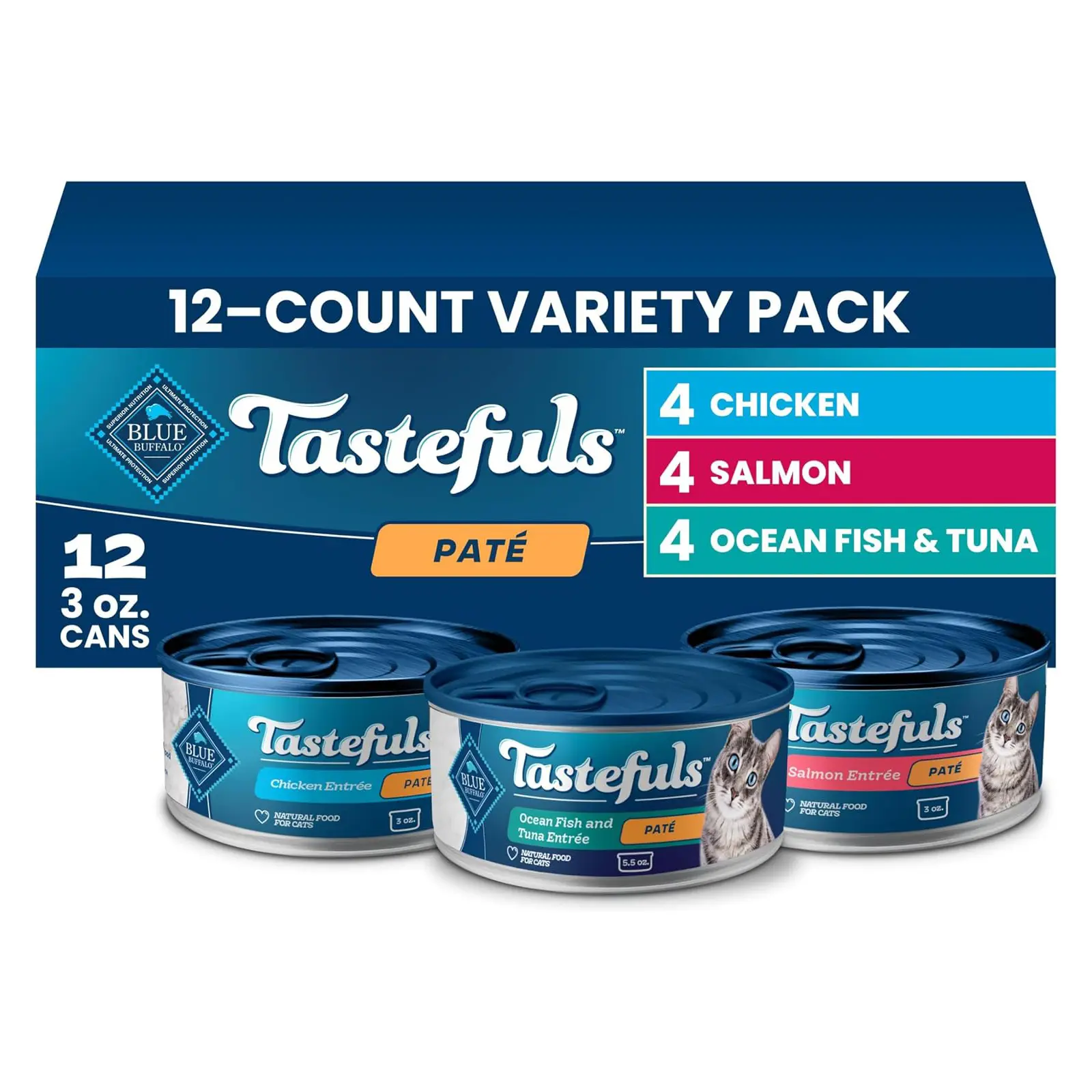 Blue Buffalo Tastefuls Variety Pack Paté Wet Cat Food, 3 oz, 12 ct Salmon, Chicken, Ocean Fish & Tuna Entrées (4 of Each), No Corn, Wheat, or Soy