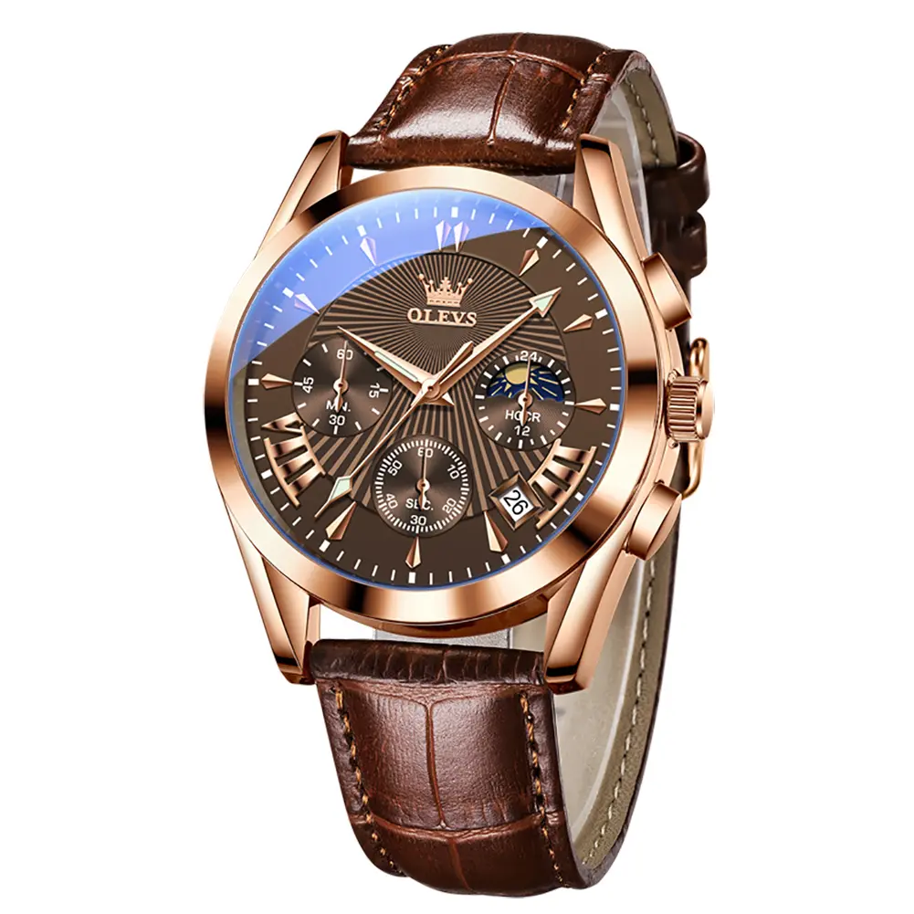 OLEVS Men’s Chronograph Watch Leather Strap Waterproof Quartz Wristwatch with Date Moon Phase Luminous Hands Business Casual Gift for Men 2876