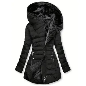 Women's Zippered Hooded Long Sleeve Pocket Faux Fur Lined Down Jacket for Winter Casual Wear
