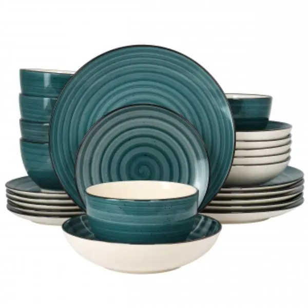Elama Gia 24-Piece Round Stoneware Dinnerware Set - Dark Green, Hand Painted Classic Swirls Print, Casual Everyday Use, Stackable, Dishwasher Safe Plates & Dishes