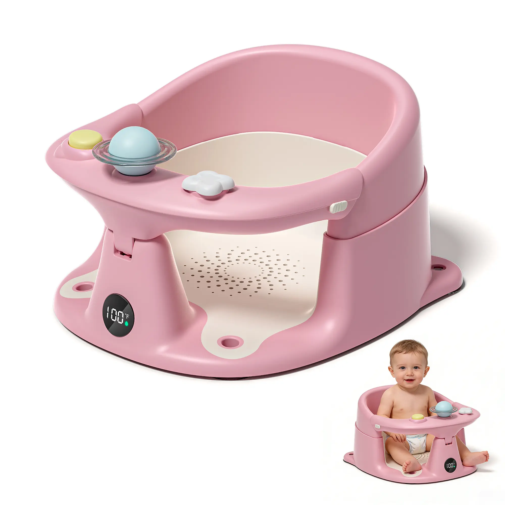 [Back To School] MOREFEEL Baby Bath Seat for 6 Months & Up Anti-Slip Toddler Chair with 3 Bath Toys Real-Time Thermometer Suction Cups Soft Cushion for Infant Bathtubs Playful Safety Essentials