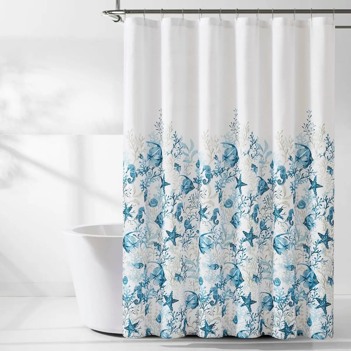 Lush Decor Watercolor Sea Life Linen-Textured Fabric Shower Curtain - 72x72" (72"h x 72"w) 1-Piece Coastal Beach Theme Bath Curtain, Machine Washable, 12 Button Holes, Easy Hanging & Installation, Iron, One-Piece